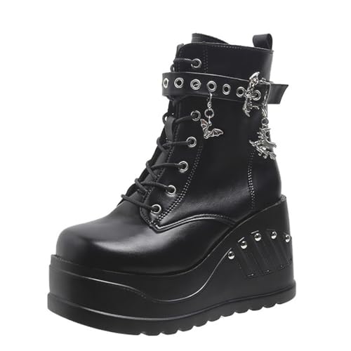 Damen Stiefel mit Dicker Sohle, Punk Kurze Stiefel, High Heels Motorrad Reitstiefel von Ulalaza
