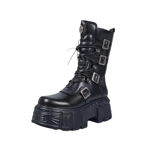 Ulalaza Damen Stiefel mit dicker Sohle, Punk kurze Stiefel, High Heels Motorrad Reitstiefel von Ulalaza