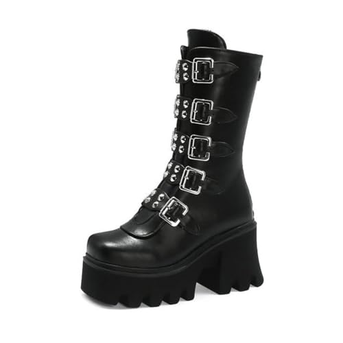 Ulalaza Dicke Sohle Mid Tube Stiefel Frauen Dicke Sohle Stiefel Punk Kurze Stiefel High Heel Height10CM/4INCH Motorradkettenritterstiefel von Ulalaza