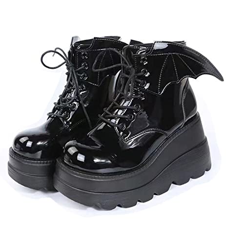 Ulalaza Dunkle Fledermausflügel-Stiefeletten für Damen, Keil, klobig, mit frechen Plateaustiefeln, runder Zehe, Schnürung, seitlichem Reißverschluss, hoher Absatz, Damenstiefel Stretchmaterial von Ulalaza