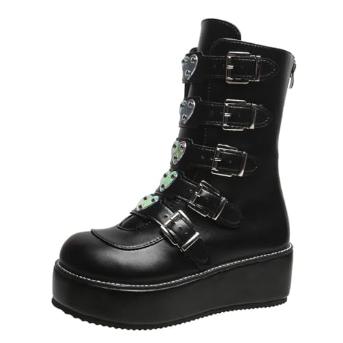 Ulalaza Frauen Goth Plattform Knöchelstiefel mit Fledermausflügelschnallen klobige Blockschuhe runden Zehen Reißverschluss Punk Motorrad -Kampfstiefel Comfy Short Gothic Booties von Ulalaza