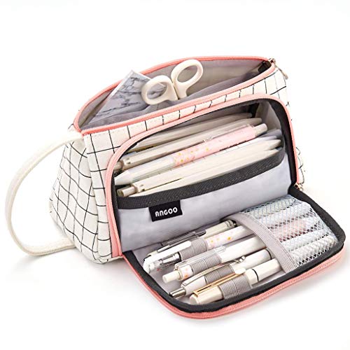 Ulalaza Große Kapazität Federmäppchen Make-up-Beutel Leinwand Aufbewahrungstasche Organizer Inhaber Bürobedarf (Style1-Plaid White) von Ulalaza