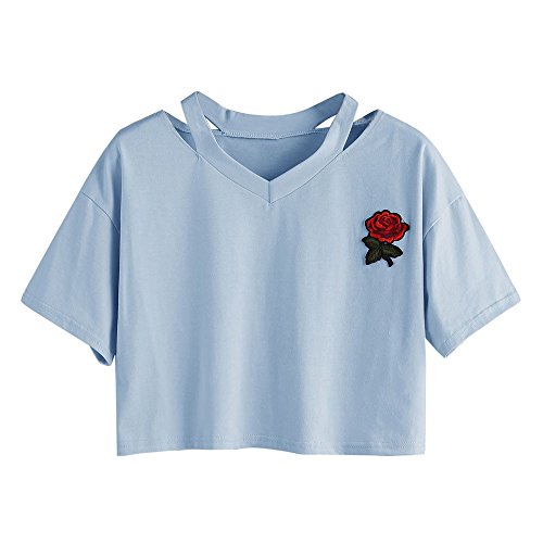 Oberteile Frauen Sommer, Ulanda Teenager Mädchen Mode Crop Top Sport V-Ausschnitt Shirt Bluse Damen Casual Rose Stickerei Kurzarm T-Shirts Hemd Tops Pullover Sale (Blau, M) von Ulanda-EU Damen Oberteile