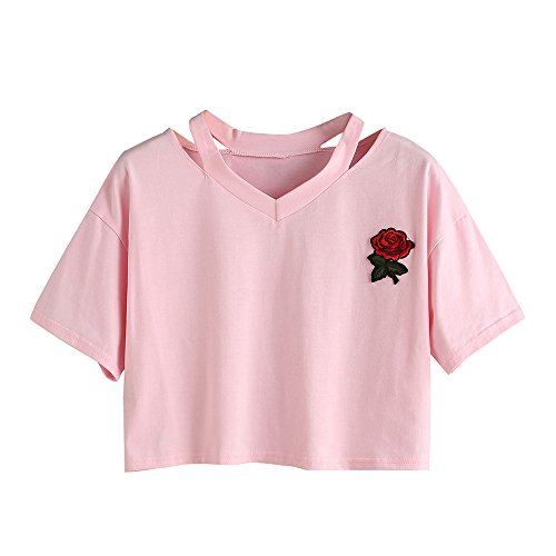 Oberteile Frauen Sommer, Ulanda Teenager Mädchen Mode Crop Top Sport V-Ausschnitt Shirt Bluse Damen Casual Rose Stickerei Kurzarm T-Shirts Hemd Tops Pullover Sale (Rosa, M) von Ulanda-EU Damen Oberteile