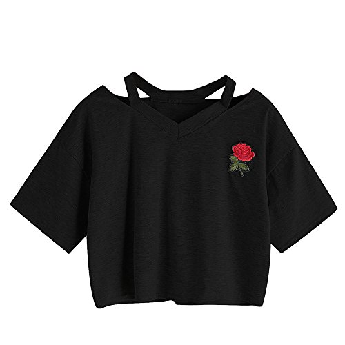 Oberteile Frauen Sommer, Ulanda Teenager Mädchen Mode Crop Top Sport V-Ausschnitt Shirt Bluse Damen Casual Rose Stickerei Kurzarm T-Shirts Hemd Tops Pullover Sale (Schwarz, L) von Ulanda-EU Damen Oberteile