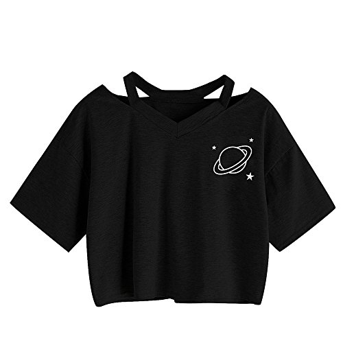 Oberteile Frauen Sommer, Ulanda Teenager Mädchen Mode Crop Top Sport V-Ausschnitt Shirt Bluse Damen Casual Rose Stickerei Kurzarm T-Shirts Hemd Tops Pullover Sale (Schwarz 2, L) von Ulanda-EU Damen Oberteile