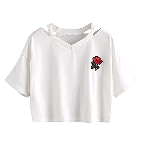 Oberteile Frauen Sommer, Ulanda Teenager Mädchen Mode Crop Top Sport V-Ausschnitt Shirt Bluse Damen Casual Rose Stickerei Kurzarm T-Shirts Hemd Tops Pullover Sale (Weiß, M) von Ulanda-EU Damen Oberteile