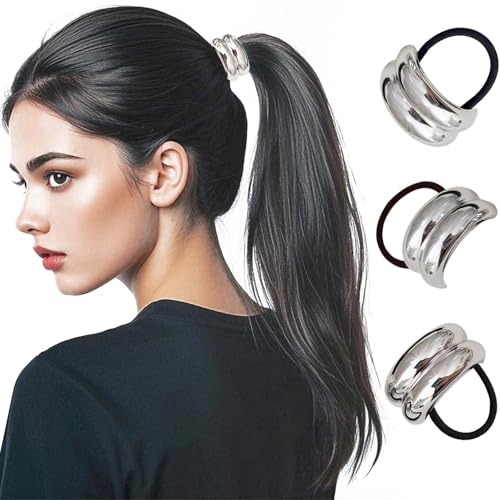 3 Stück Metall Haargummi Pferdeschwanz Haarmanschette,Mode Elastisches Ellipsen-Haarband Mädchen Metall Haar Manschette,(Silber) von Ulawellor