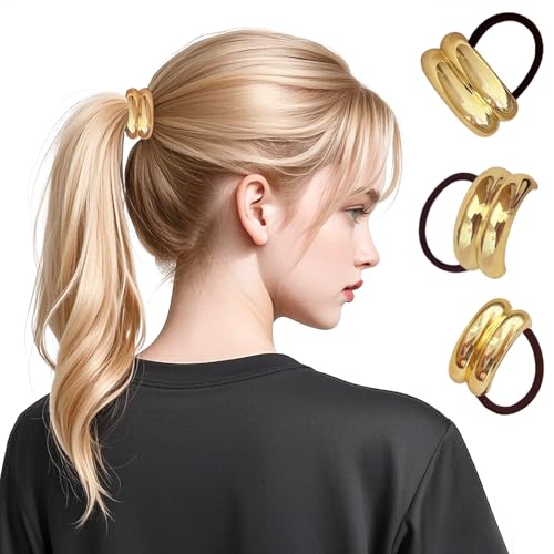 3 Stück Metall Haargummi Pferdeschwanz Haarmanschette,Mode Elastisches Ellipsen-Haarband Mädchen Metall Haar Manschette,Haar-Accessoire Haarring (Gold) von Ulawellor
