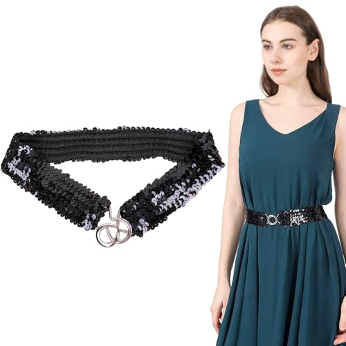 Ulawellor Taillengürtel Mit Pailetten,Pailletten Dekor Metall Elastischer Taillengürtel,Paillettenbesatz Taille Band Gürtel Mode Taille (Schwarz) von Ulawellor