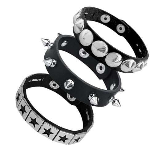 Ulekuke 3-teiliges Punk-Rock-Nieten-Armband-Set mit Spikes, Leder-Manschettenarmband für Herren und Damen, 80er-Jahre, Emo-Armband, verstellbar, One Size, Kunstleder, Bernstein Ulekuke 3-teiliges Punk-Rock-Nieten-Armband-Set mit Spikes, Leder-Manschettenarmband für Herren und Damen, 80er-Jahre, Emo-Armband, verstellbar, One Size, Kunstleder, Bernstein von Ulekuke