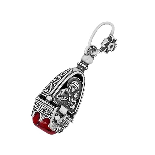 Ulex Premium 925 Sterling Silber Medaillon mit echtem Koralle orthodoxe Ikone rund oxidiert Handarbeit Symbol Spiritualität Amulett Vintage Stil fein gearbeiteter Schmuck für Damen Herren von Ulex Premium