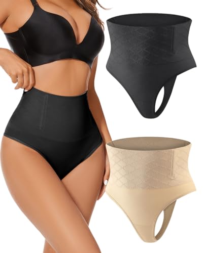 Ulhnei Shapewear Damen Bauchweg Unterhose, 2 Stück Miederhose Tanga Unterwäsche String Miederslip Figurformende Hoher Taille Shaping Unterbauch Kontrolle Body Shaper für Frauen von Ulhnei