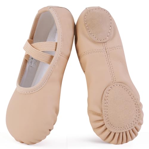 Ulicox Ballettschuhe Mädchen Ballettschläppchen Damen Tanzschuhe aus Leder Gymnastikschuhe Kinder Turnschläppchen Geteilte Ledersohle Ballett Schuhe Beige 28 von Ulicox