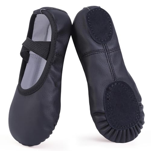 Ulicox Ballettschuhe Mädchen Ballettschläppchen Damen Tanzschuhe aus Leder Gymnastikschuhe Kinder Turnschläppchen Geteilte Ledersohle Ballett Schuhe Schwarz 29 von Ulicox