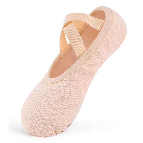 Ulicox Ballettschuhe Mädchen Elastische Ballettschuhe Damen Gymnastikschuhe Schläppchen Geteilte Ledersohle Tanzschuhe Beige 26 von Ulicox