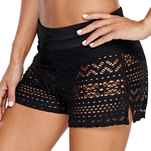 Ulicox Damen Badehose Badeshorts Strand Kurze Shorts Wassersport Boardshorts Schnell Trocknend Sommer Hollow Spitze Schwimmhose Schwimmshorts Frauen Bikini Unterteil, Schwarz L von Ulicox