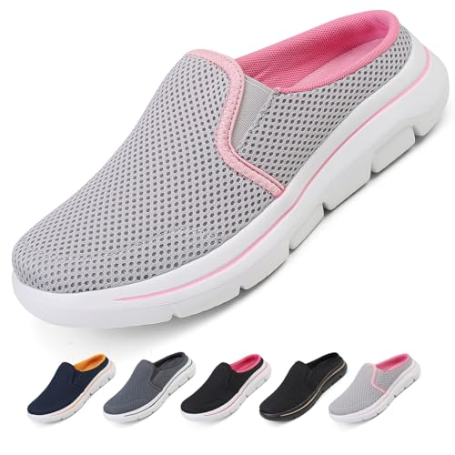 Ulicox Hausschuhe Damen Herren Clogs Slip On Pantoletten Gartenschuhe Atmungsaktive rutschfeste Bequeme Schlappen Sabots Outdoor Indoor Grau Pink 42 von Ulicox