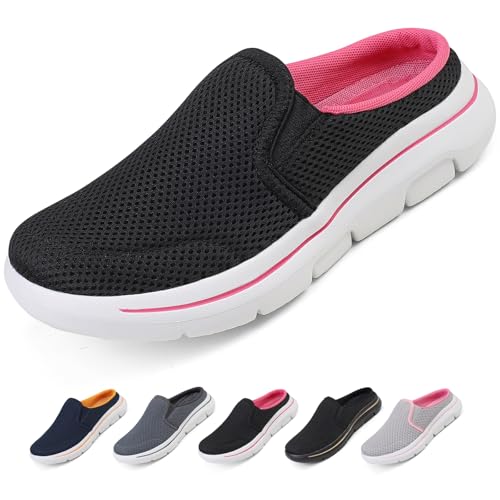 Ulicox Hausschuhe Damen Herren Clogs Slip On Pantoletten Gartenschuhe Atmungsaktive rutschfeste Bequeme Schlappen Sabots Outdoor Indoor Schwarz Rosa 38 von Ulicox