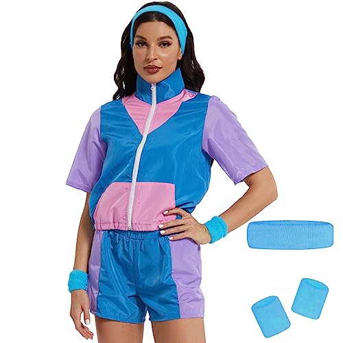 Ulikey 80er 90er Jahre Outfit Damen, 80er 90er Trainingsanzug Retro Anzug, 90er 80er Jahre Outfit Jacke Kurze Hosen Anzug mit Stirnband Armbänder, Retro Anzug Style Jogginganzug para Party (Blau, XXL) von Ulikey