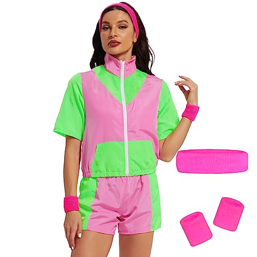 Ulikey 80er 90er Jahre Outfit Damen, 80er 90er Trainingsanzug Retro Anzug, 90er 80er Jahre Outfit Jacke Kurze Hosen Anzug mit Stirnband Armbänder, Retro Anzug Style Jogginganzug para Party (Rosa, XL) von Ulikey