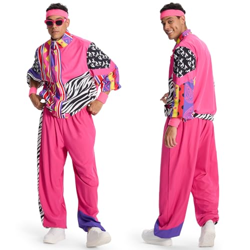 Ulikey 80er Trainingsanzug, 80er 90er Jahre Outfit Herren Damen, Kostüm 80er Jahre Set mit Stirnband Armbänder Brille Paare para Faschingskostüme Karneval Cosplay (Rosa, L) von Ulikey
