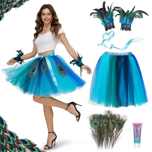 Ulikey Pfau Kostüm Damen, Blau Grün Pfau Tutu Rock, 10 Stücke Pfauenfedern, Feder Manschette Handgelenk Armband, Karneval Pfau Rock für Fasching Cosplay Karneval Mottoparty Ulikey Pfau Kostüm Damen, Blau Grün Pfau Tutu Rock, 10 Stücke Pfauenfedern, Feder Manschette Handgelenk Armband, Karneval Pfau Rock für Fasching Cosplay Karneval Mottoparty von Ulikey
