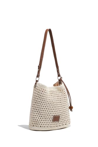 Ulisty Damen Baumwolle Häkeln Maschen-Tasche Handgewebte Sommer Strand Tragetasche Gestrickt Urlaub Hobo Schnur Tasche Bohemian Shopper Schulter Handtasche beige von Ulisty