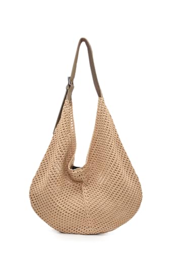 Ulisty Damen Baumwolle Häkeln Maschen-Tasche Slouchy Sommer Strand Hobo Tasche Gestrickt Urlaub Schnur Tasche Böhmische Schultertasche Umhängetasche Handtasche khaki von Ulisty
