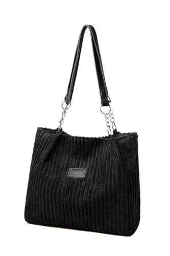 Ulisty Damen Cord Tragetasche Lässig Shopper Umhängetasche Mode Schultertasche Täglich Einkaufstasche Cordtasche Schwarz von Ulisty
