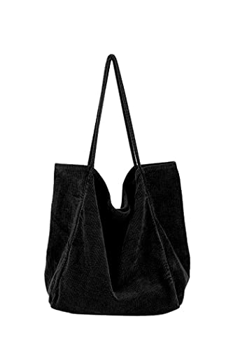 Ulisty Damen Groß Cord Tragetasche Retro Schultertasche Beiläufig Einkaufstasche Mode Handtasche schwarz von Ulisty