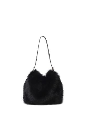 Ulisty Damen Klein Kunstfell Fuchs Pelz Hobo Tasche Pelzig Verstellbarer Riemen Schultertasche Plüsch Geldbeutel Mode Handtasche schwarz von Ulisty