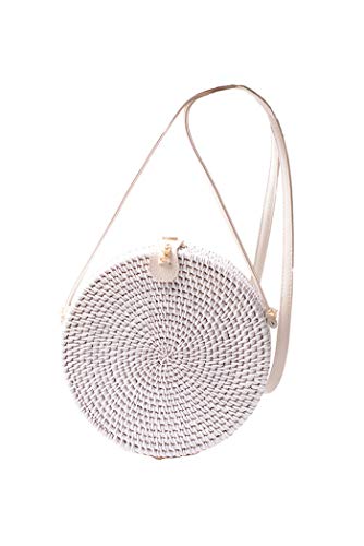 Ulisty Damen Rund Handgefertigt Rattan Tasche Kreis Handgewebt Stroh Tasche Korb Sommer-Strandtasche Schultertasche Umhängetasche Weiß von Ulisty