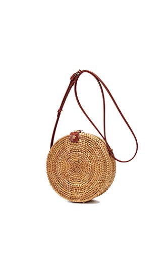 Ulisty Damen Rund Handgefertigt Rattan Tasche Kreis Handgewebt Stroh Tasche Korb Sommer-Strandtasche Schultertasche Umhängetasche braun von Ulisty