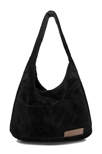 Ulisty Damen Cord Breiter Gurt Hobo Tasche Schultasche Shopper Handtasche Lässig Tote Bag Schwarz von Ulisty