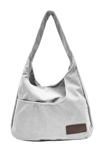 Ulisty Damen Cord Breiter Gurt Hobo Tasche Schultasche Shopper Handtasche Lässig Unterarmtasche Grau von Ulisty