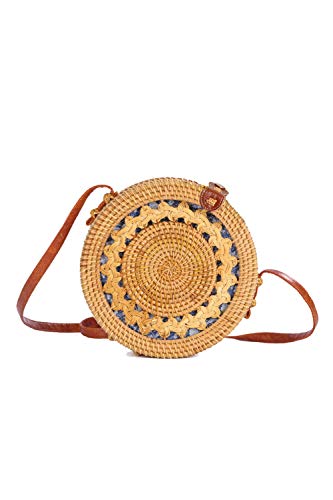 Ulisty Hohl-geschnitztes Design Rund Rattan Tasche Kreis Strohbeutel Handgefertigte Tasche Weben Korb Handgewebte Tasche Sommer-Strandtasche Schultertasche Umhängetasche für Damen/Frauen von Ulisty