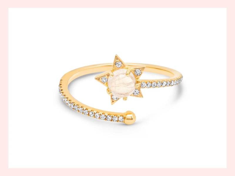 14K Gold Diamant Stern Ring Regenbogen Mondstein Offene Verpackung 14K Gold Diamant Stern Ring Regenbogen Mondstein Offene Verpackung von UlkaRocks