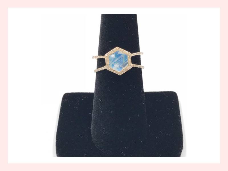 14K Gold Regenbogen Mondstein Ring Pave Diamant Hexagon von UlkaRocks