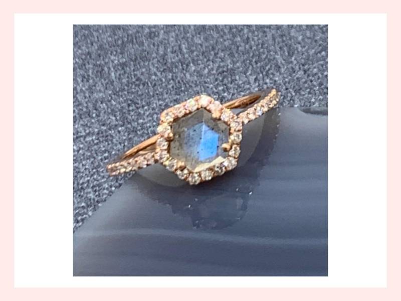 14K Rose Gold Diamant Labradorit Ring Hexagon Verlobungsring von UlkaRocks