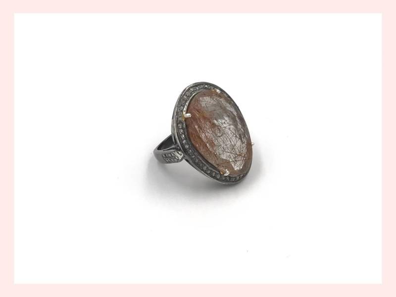 Goldener Rutilquarz Diamant Ring Sterling Silber, Größe 5 von UlkaRocks