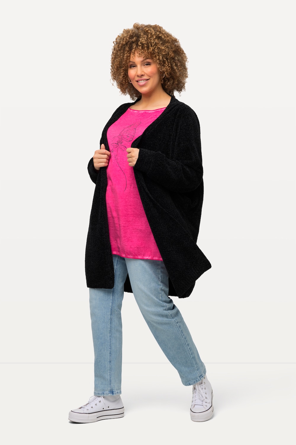 Große Größen Chenille-Strickjacke, Damen, schwarz, Größe: 46/48, Polyester, Ulla Popken von Ulla Popken