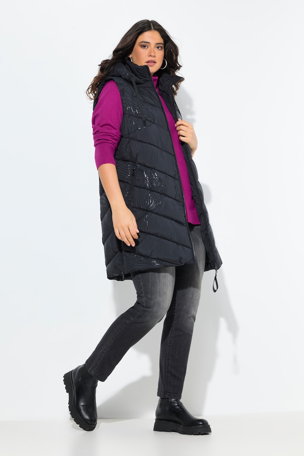 Große Größen HYPRAR Long-Steppweste, Damen, schwarz, Größe: 50/52, Polyester/Synthetische Fasern, Ulla Popken von Ulla Popken
