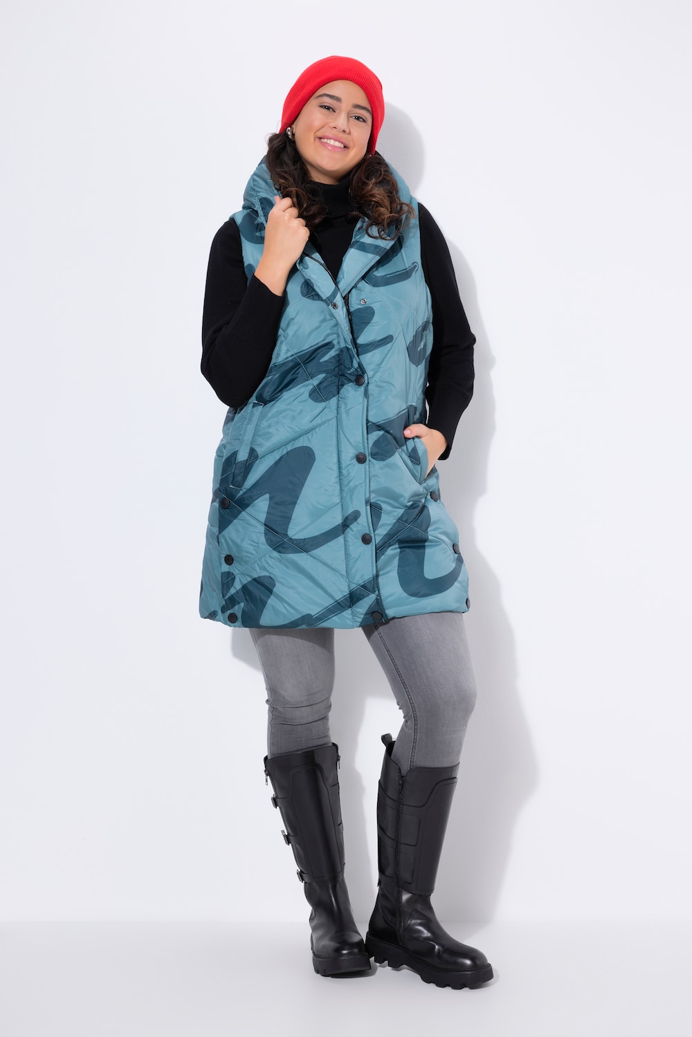 Große Größen HYPRAR Long-Steppweste mit Druck, Damen, grau, Größe: 50/52, Polyester, Ulla Popken von Ulla Popken