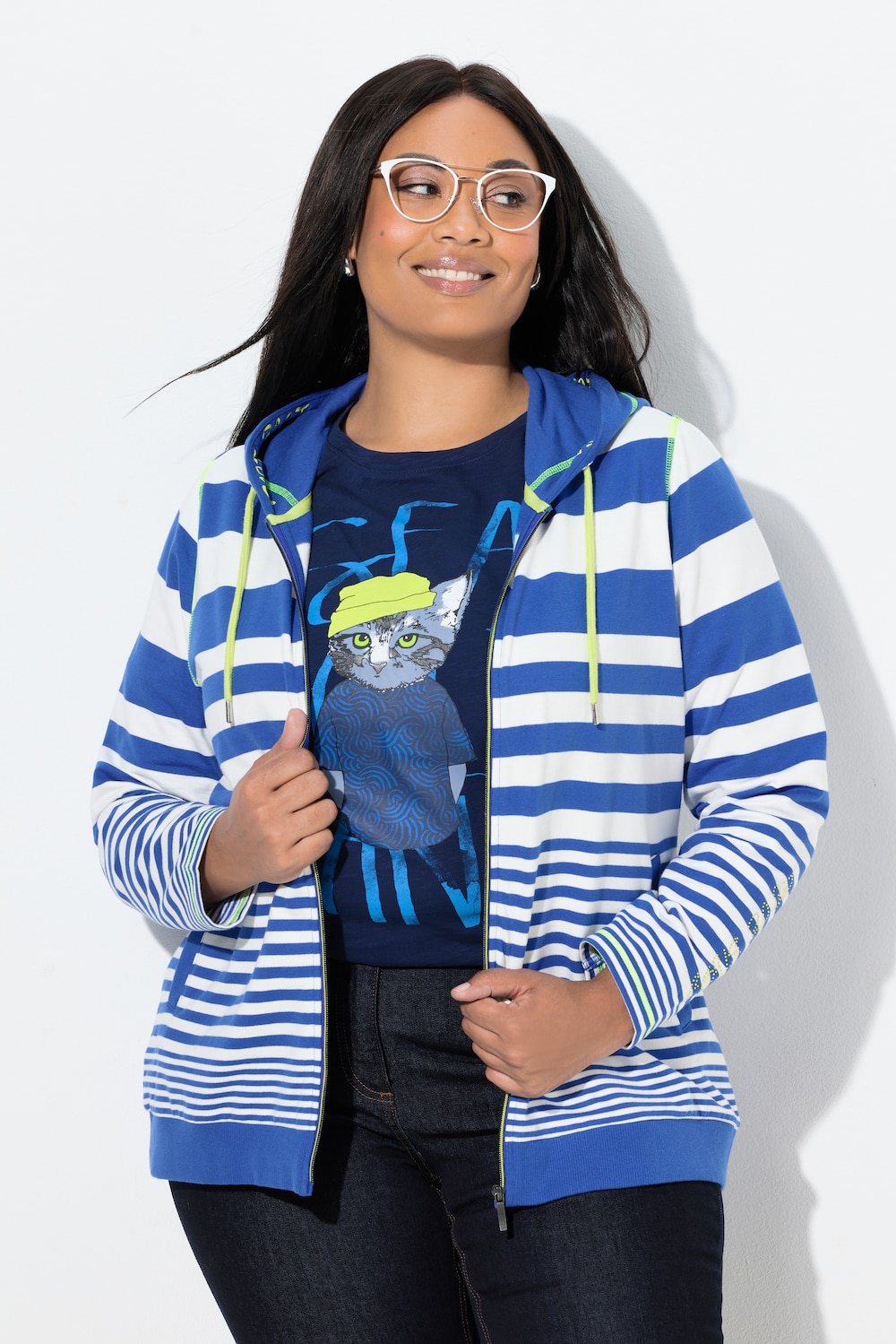 Große Größen Hoodie-Jacke, Damen, blau, Größe: 50/52, Baumwolle/Polyester, Ulla Popken von Ulla Popken