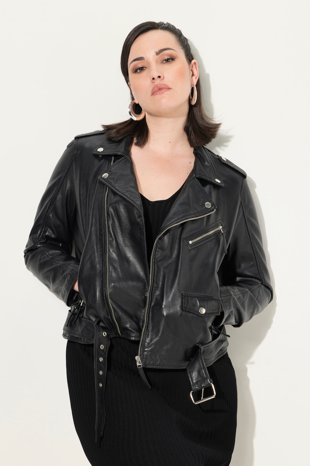 Große Größen Lederjacke, Damen, schwarz, Größe: 44, Leder/Baumwolle, Ulla Popken von Ulla Popken