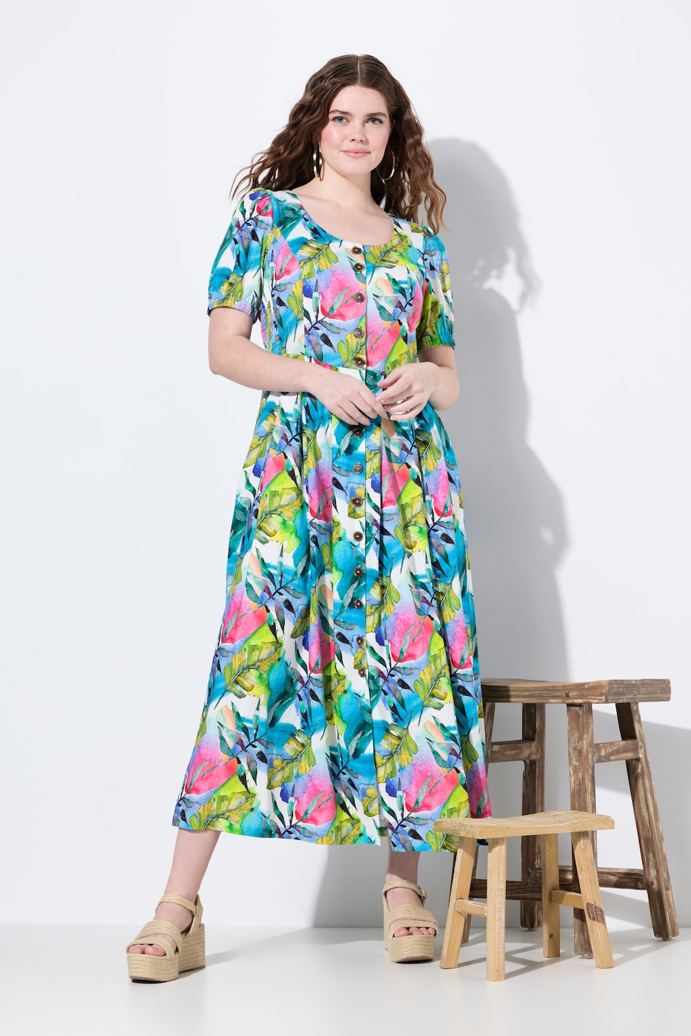 Große Größen Leinenmix-Maxikleid, Damen, blau, Größe: 50/52, Viskose/Leinen, Ulla Popken von Ulla Popken