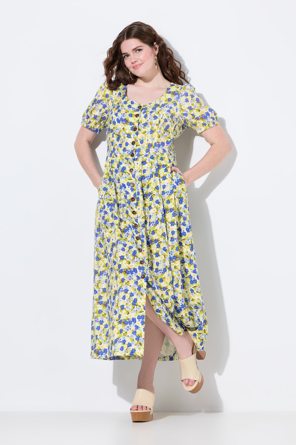 Große Größen Leinenmix-Maxikleid, Damen, gelb, Größe: 54/56, Viskose/Leinen, Ulla Popken von Ulla Popken
