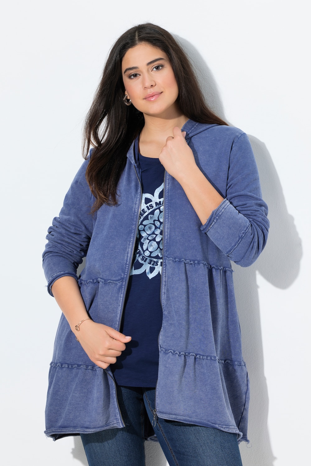 Große Größen Long-Hoodiejacke, Damen, blau, Größe: 42/44, Baumwolle, Ulla Popken von Ulla Popken