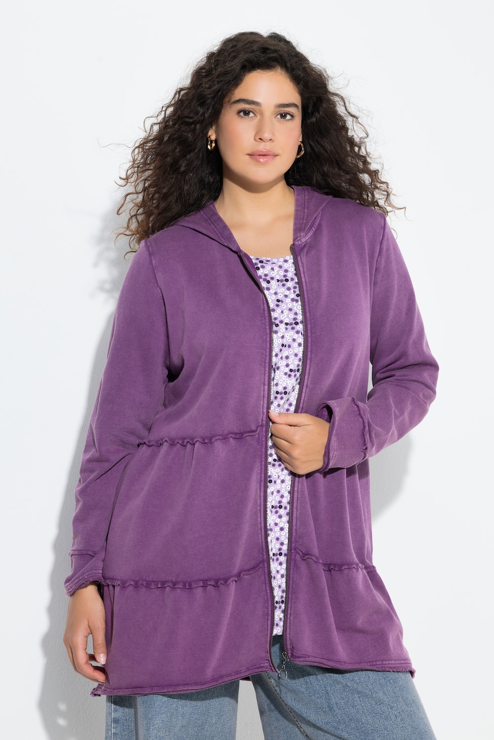 Große Größen Long-Hoodiejacke, Damen, lila, Größe: 42/44, Baumwolle, Ulla Popken von Ulla Popken